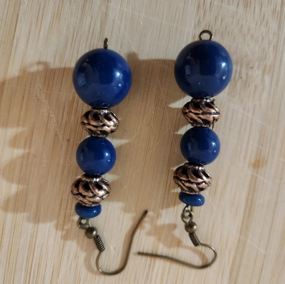 Hand Crafted Beaded Pierced Earrings Blue and Copper Drop